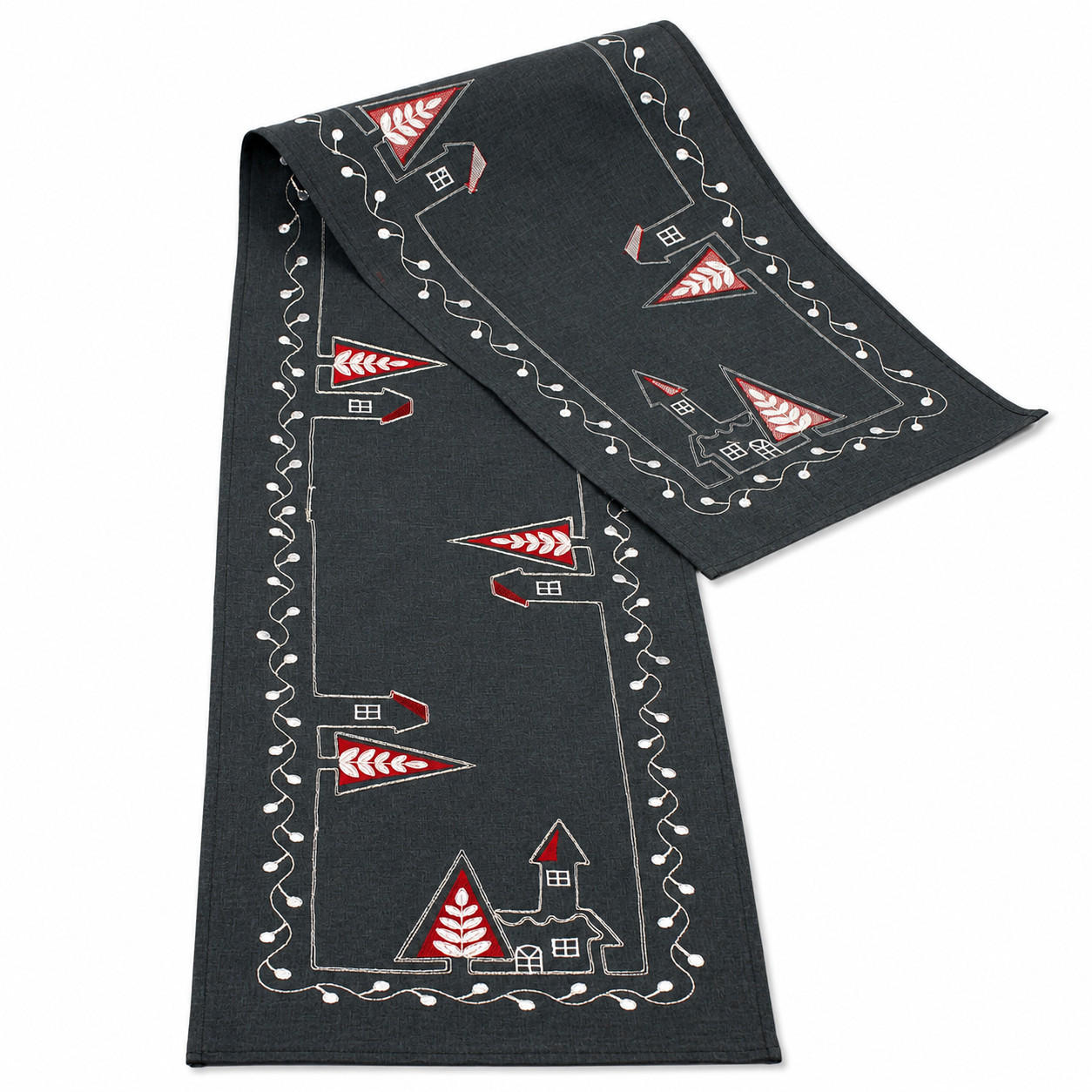 TISCHLÄUFER Weihnachten 35/170 cm Kirche Stickerei Leinenoptik - Anthrazit/Rot, Textil (35/170cm) - TiborTex