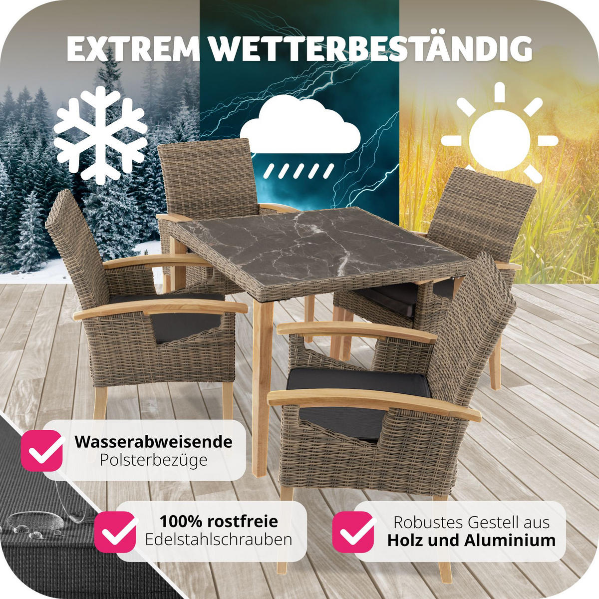 GARTENTISCH Tarent mit 4 Stühlen Rosarno, Armlehnen und Füße aus Holz, natur - Naturfarben, Kunststoff - tectake