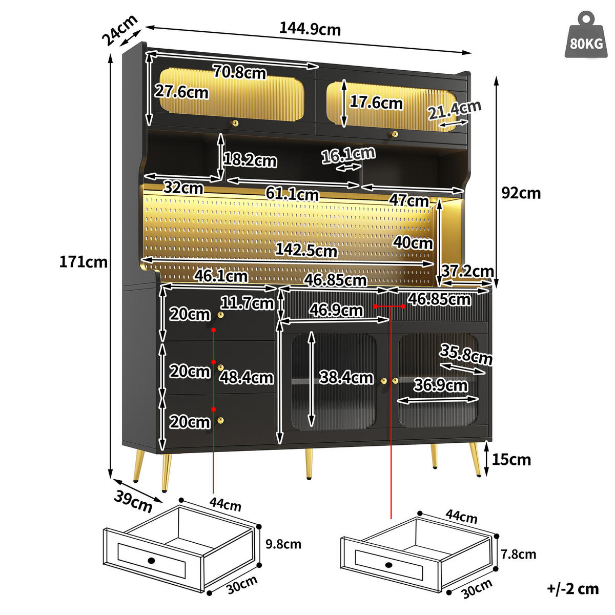 KÜCHENSCHRANK Schwarz mit LED & App-Steuerung, Lift-up-Glastüren & Lochwand - Schwarz, Holzwerkstoff (145/71/39cm) - Urban Meuble