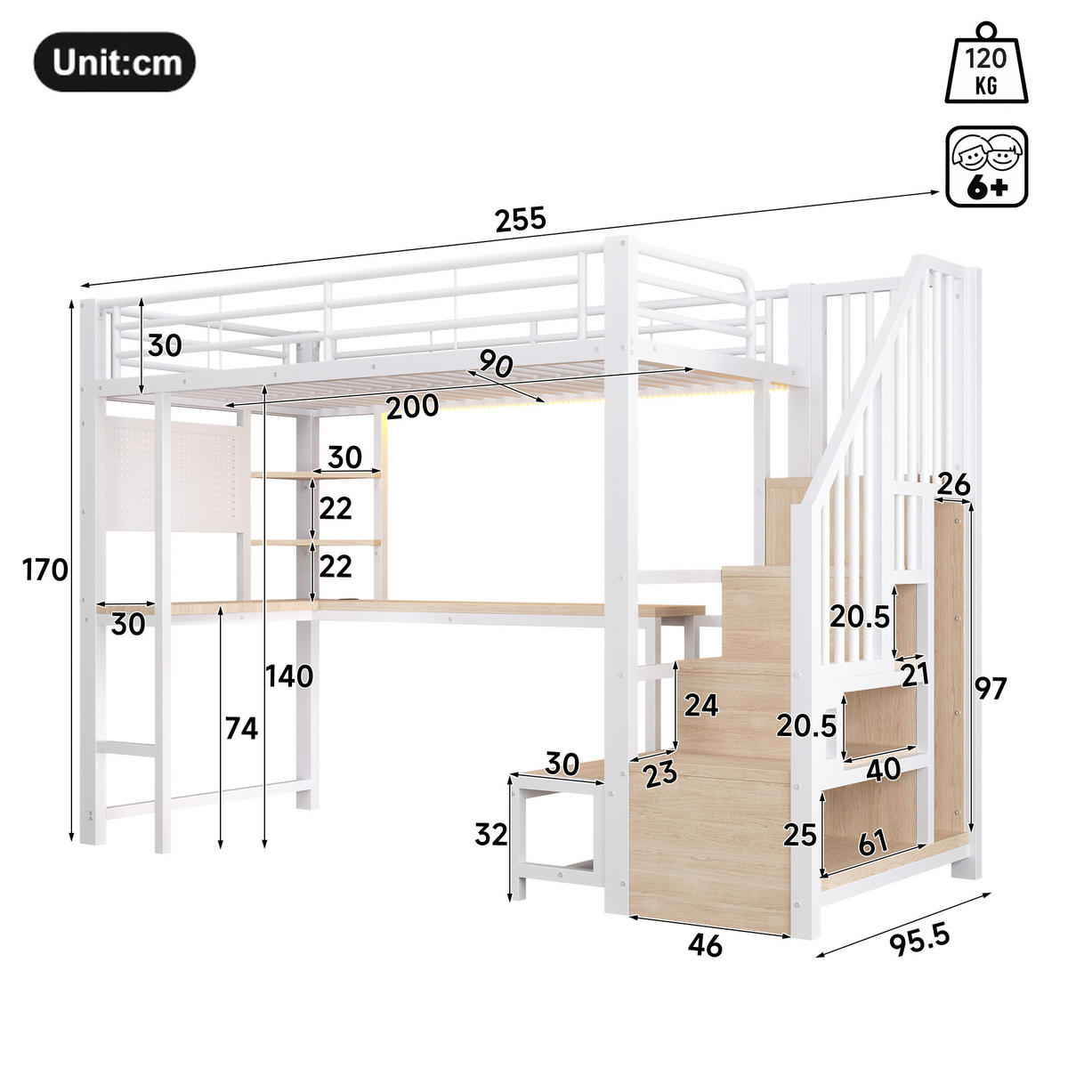 HOCHBETT 90x200 cm in Weiß mit Schreibtisch, Stauraumtreppe und LED-Beleuchtung - Weiß, Holzwerkstoff (90/200cm) - IVMEU