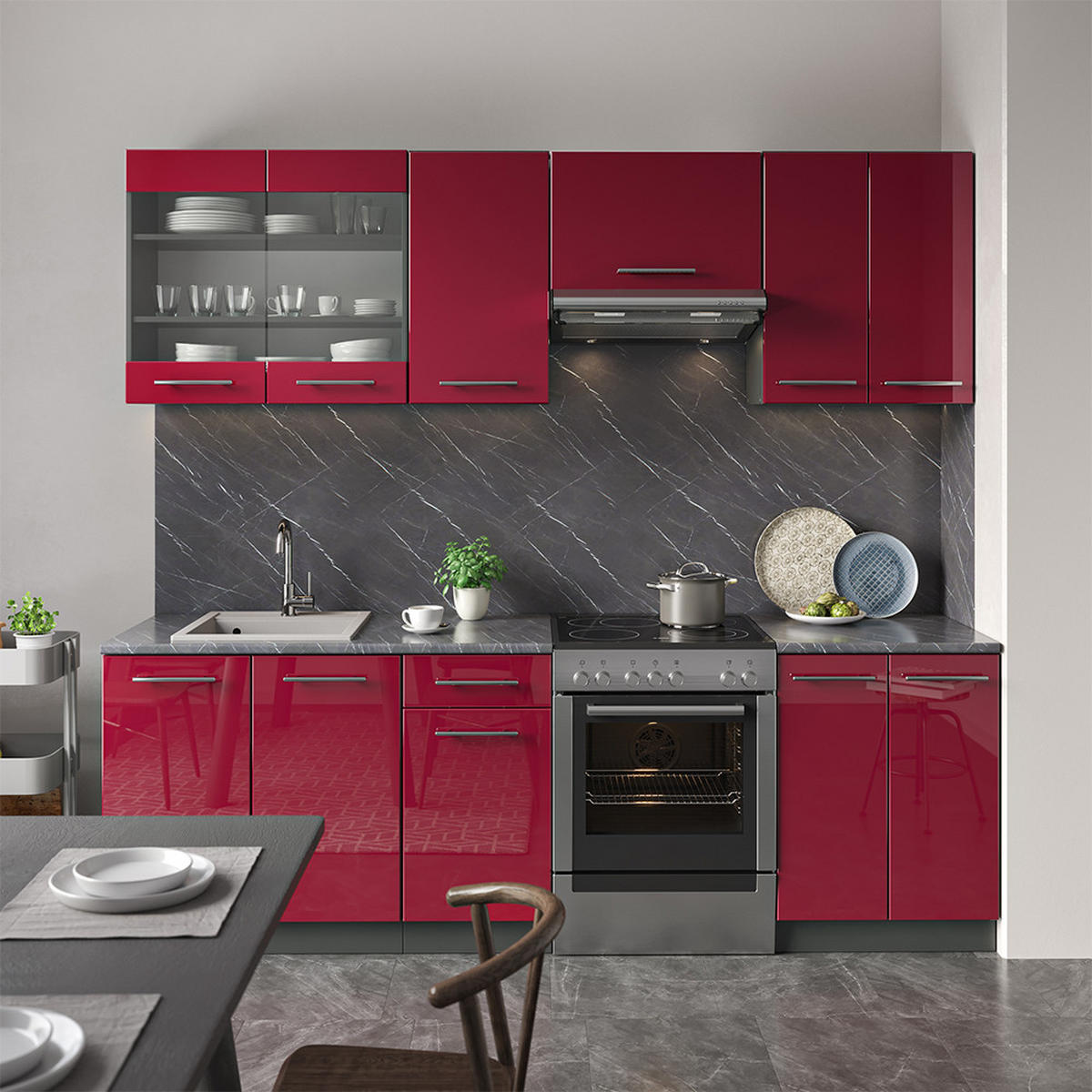 KÜCHENZEILE Fame-Line Bordeaux Hochglanz 240 cm, AP Eiche - Bordeaux/Anthrazit, Holzwerkstoff (240/81.6/60cm) - Vicco