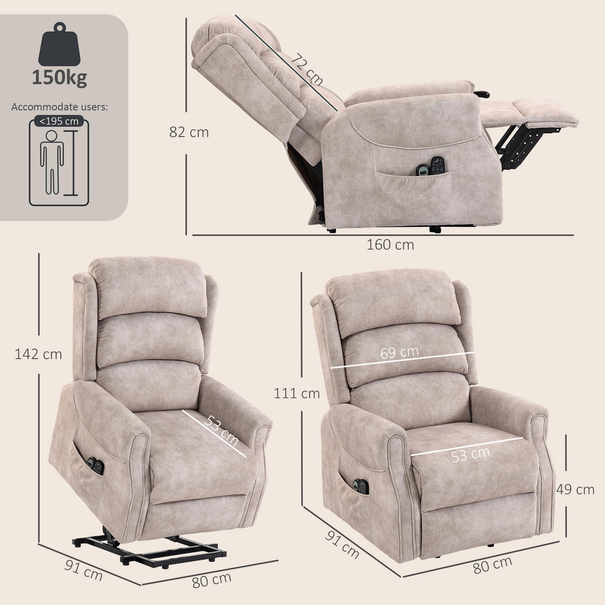 AUFSTEHSESSEL,ELEKTRISCH Vibration Wärme Samt,beige - Beige, Textil (80/82/160cm) - Vallsero