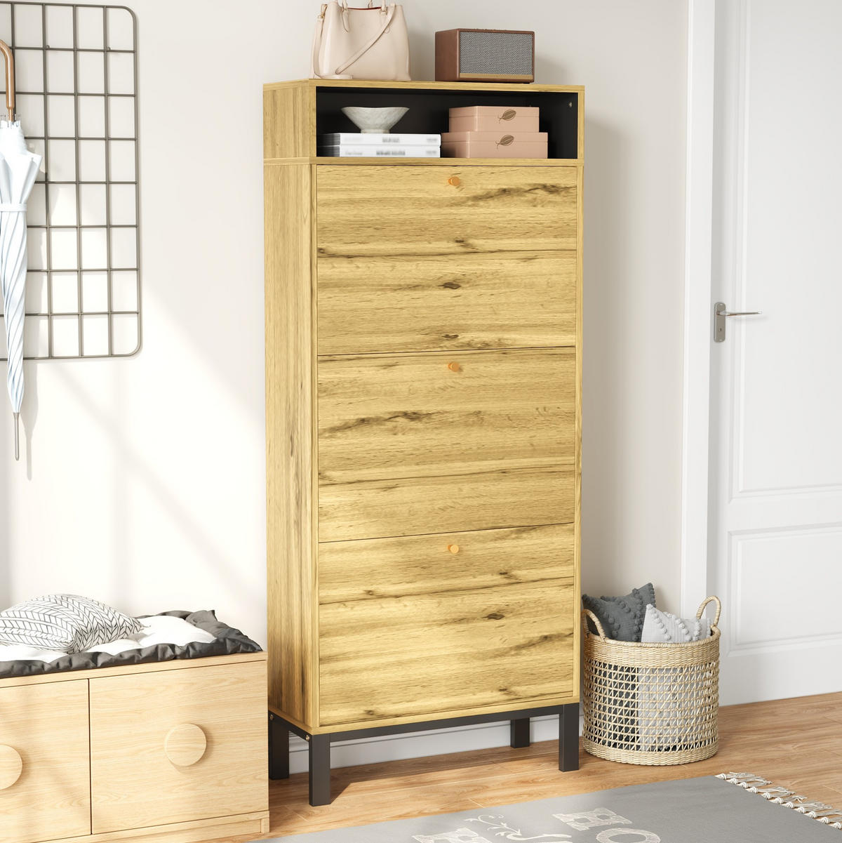 SCHUHSCHRANK 63/24/147 cm in Natur mit 3 Klappen und offenen Fächern - Naturfarben, Holzwerkstoff (63/147/24cm) - Flora Grace