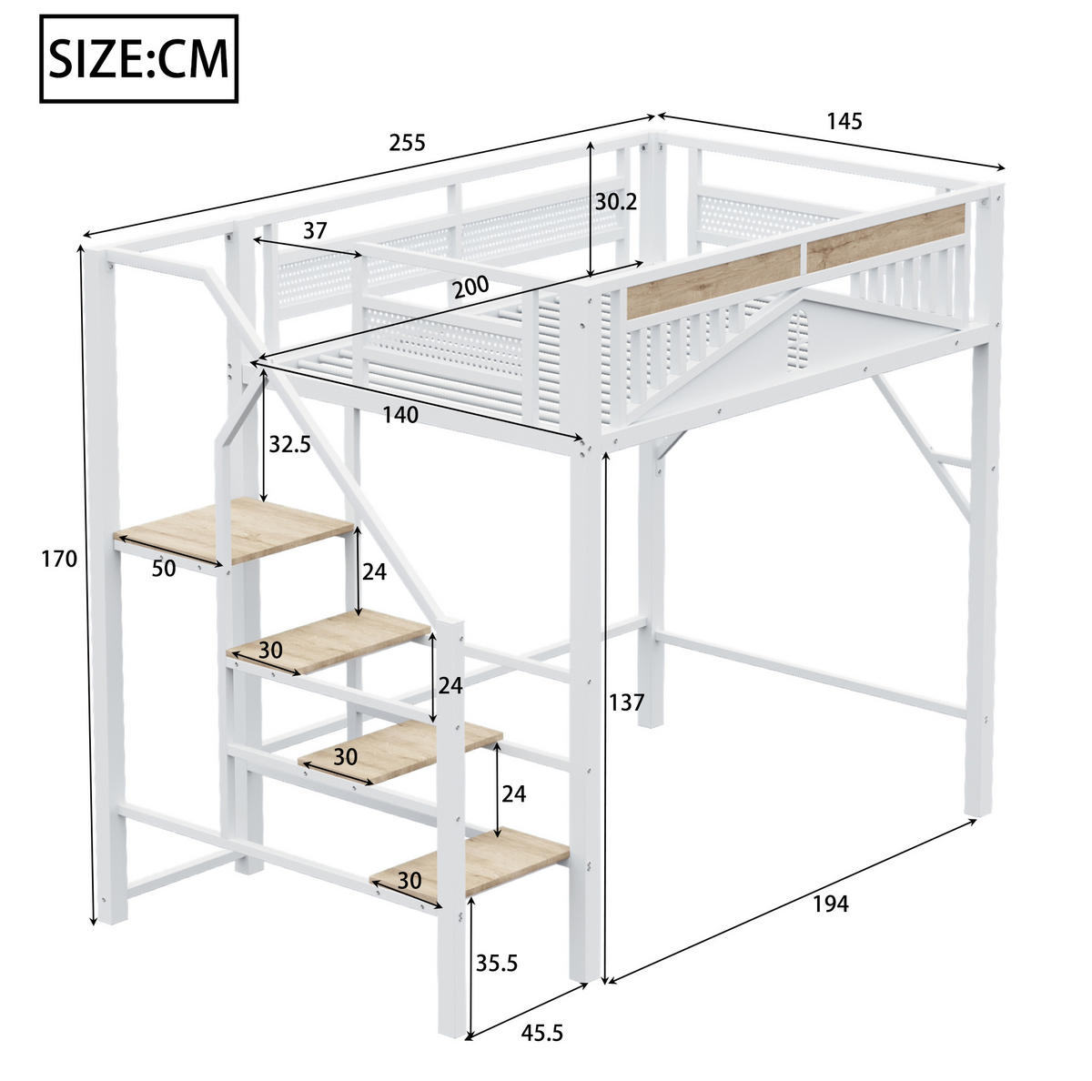 HOCHBETT 140/200 cm aus Metall und Holz mit Sicherheitsleiter und Fensterdesign Weiß - Weiß, Metall (140/200cm) - Modenvie