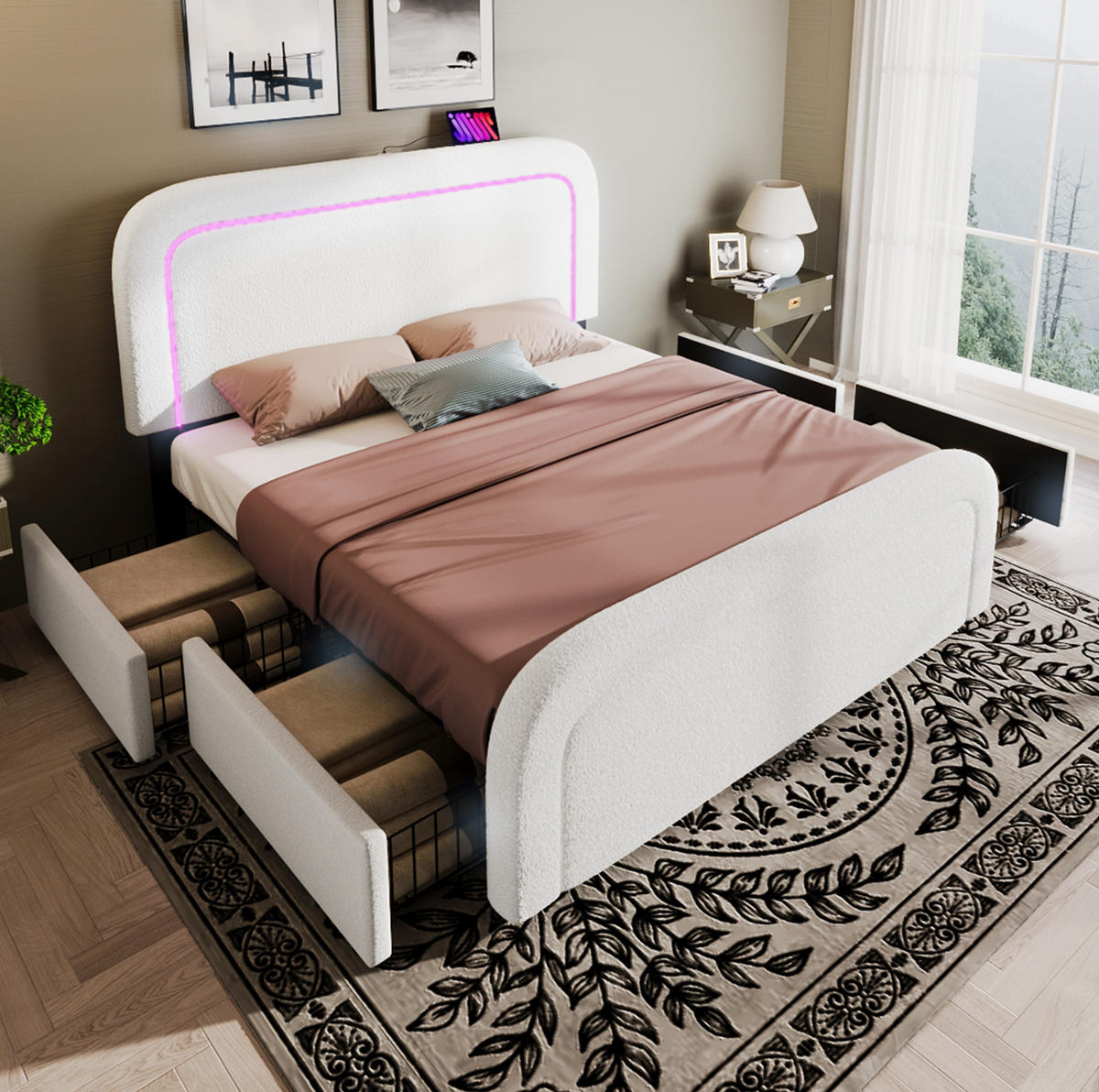 BETT mit LED, USB und 4 Schubladen 160x200 cm Sherpa Weiß - Weiß, Metall (160/200cm) - Meubliv