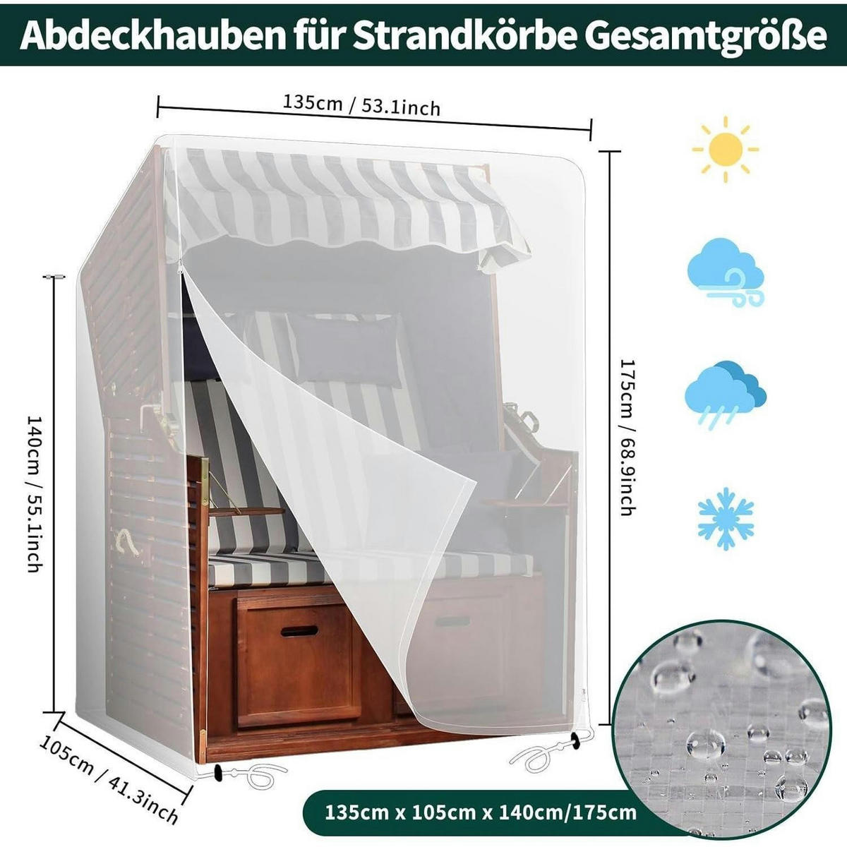 STRANDKORBHÜLLE Wasserdicht UV-beständig 135x105x175/140cm Transparent - Multicolor, Kunststoff (105/140/135cm)