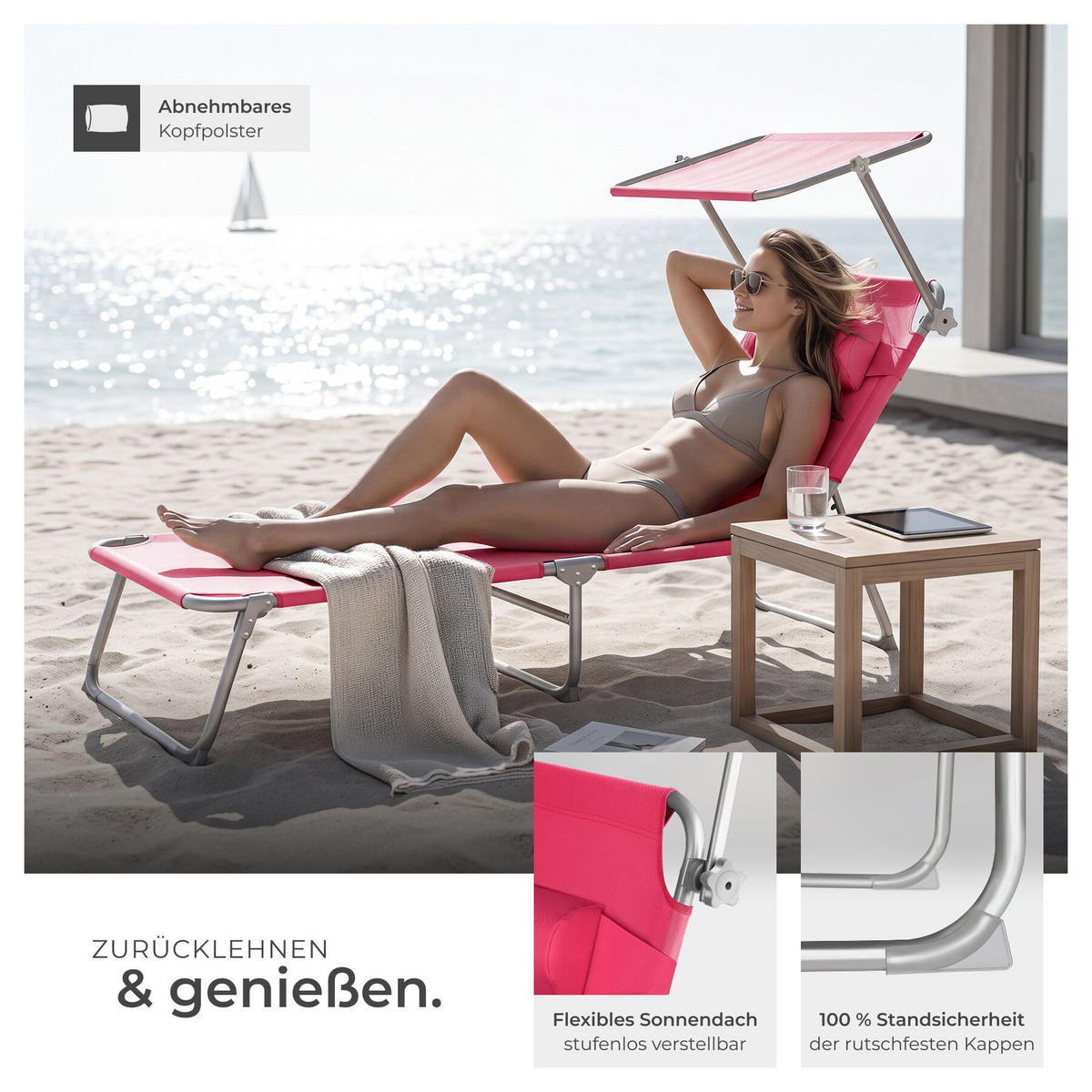 SONNENLIEGE Chloé, 190 x 68 x 111 cm, mit Seitentasche, pink - Pink, Kunststoff (68/65/190cm) - tectake