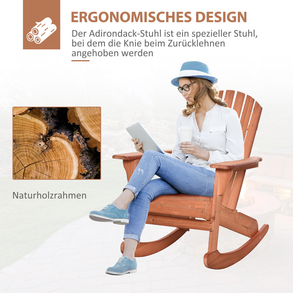 ADIRONDACK Gartenstuhl Schaukelstuhl Schaukelsessel Balkonstuhl Natur - Naturfarben, Holz (94/97/77cm) - Outsunny