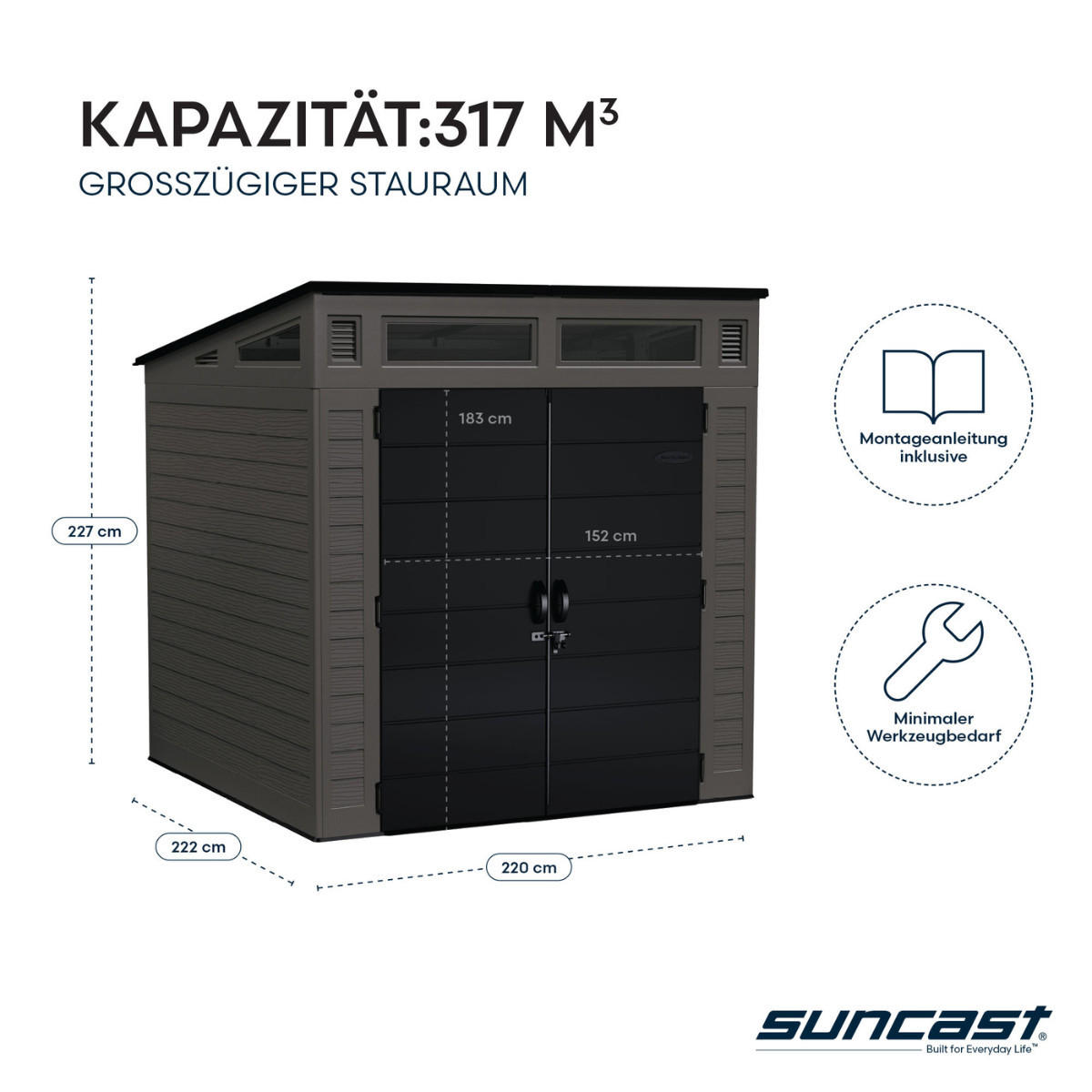 GERÄTEHAUS 220 × 222 × 227 cm , 9 m³ Stauraum, Doppeltür 152 x 183 cm, anthrazit mit schwarzem Dach - Grau, Kunststoff (126/41/230cm) - Suncast