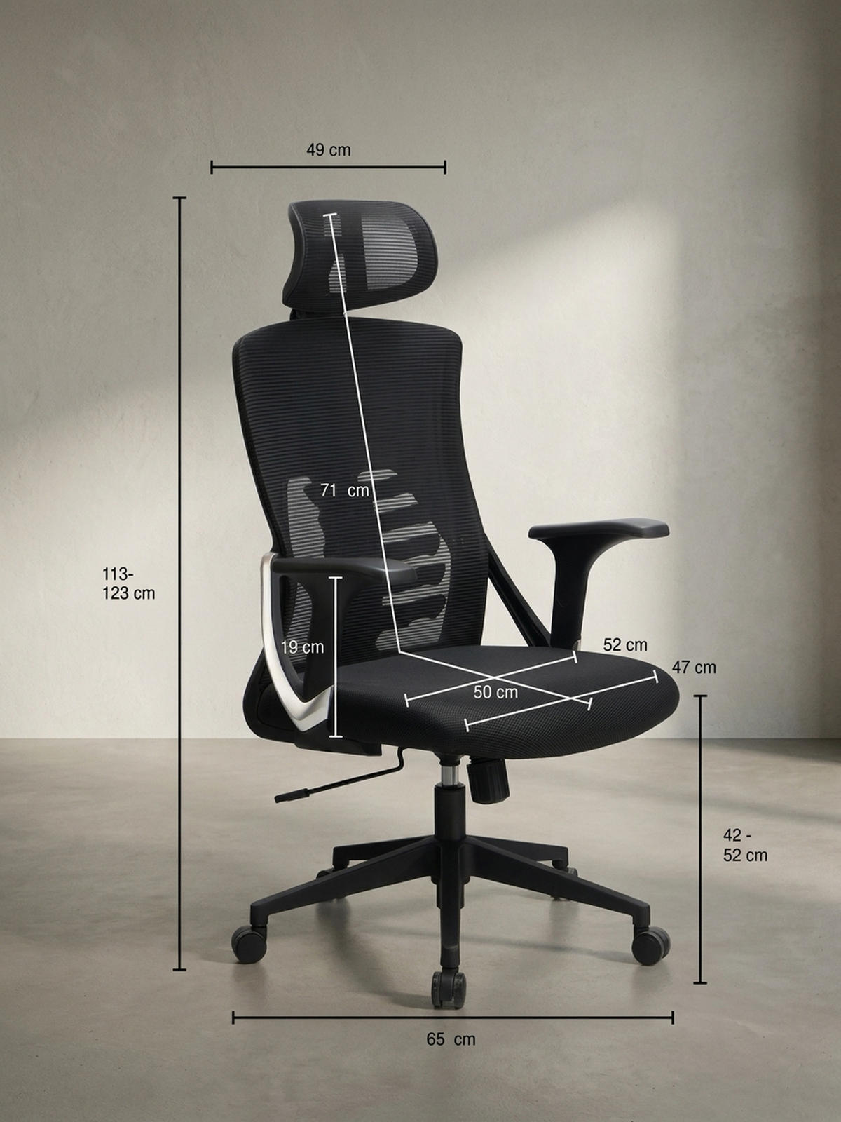 BÜRODREHSTUHL Schwarz Mesh mit Wippmechanik, Kopfstütze und 4-fach Lordosenstütze ASTRA - Schwarz, Kunststoff/Textil (65/123/65cm) - KADIMA DESIGN
