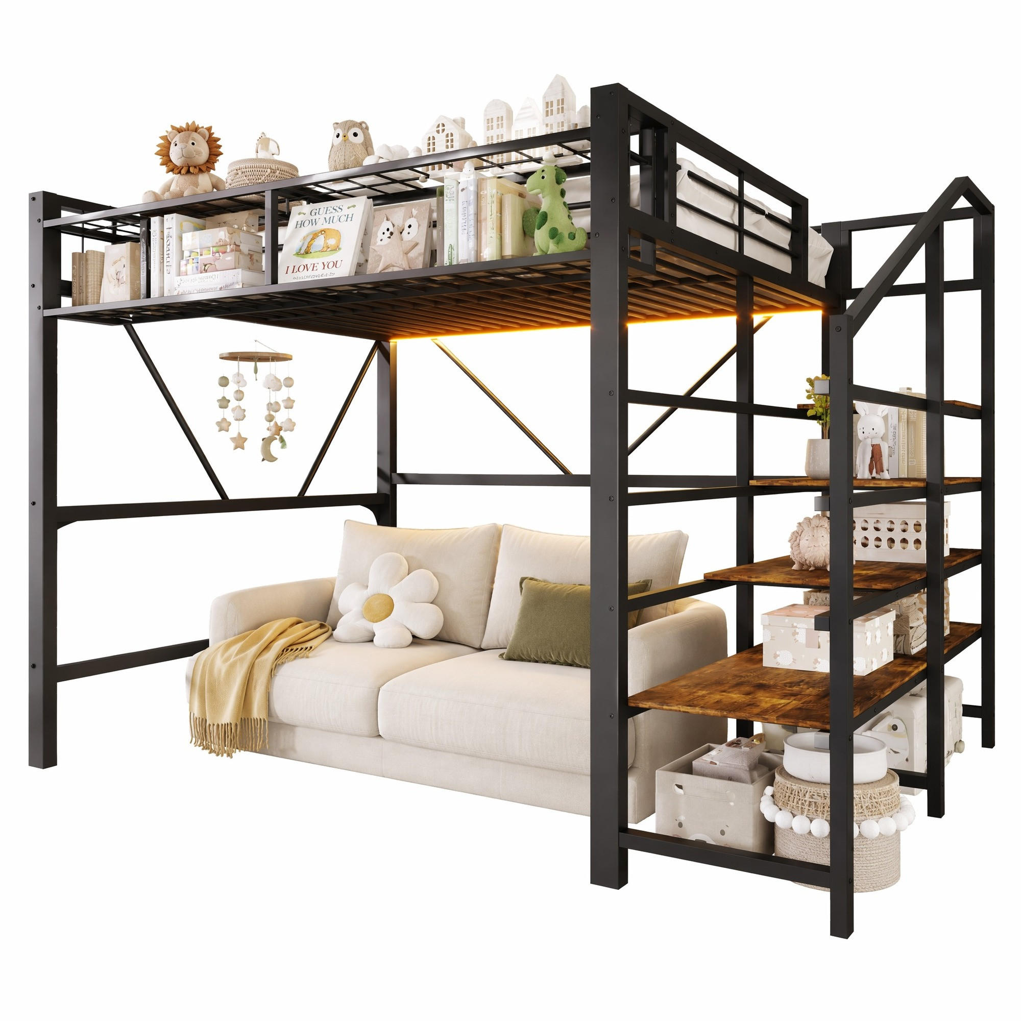 HOCHBETT 140/200 cm aus Metall und MDF mit LED-Lichtleiste, Schwarz - Schwarz, Holzwerkstoff (140/200cm) - OKMYHOME