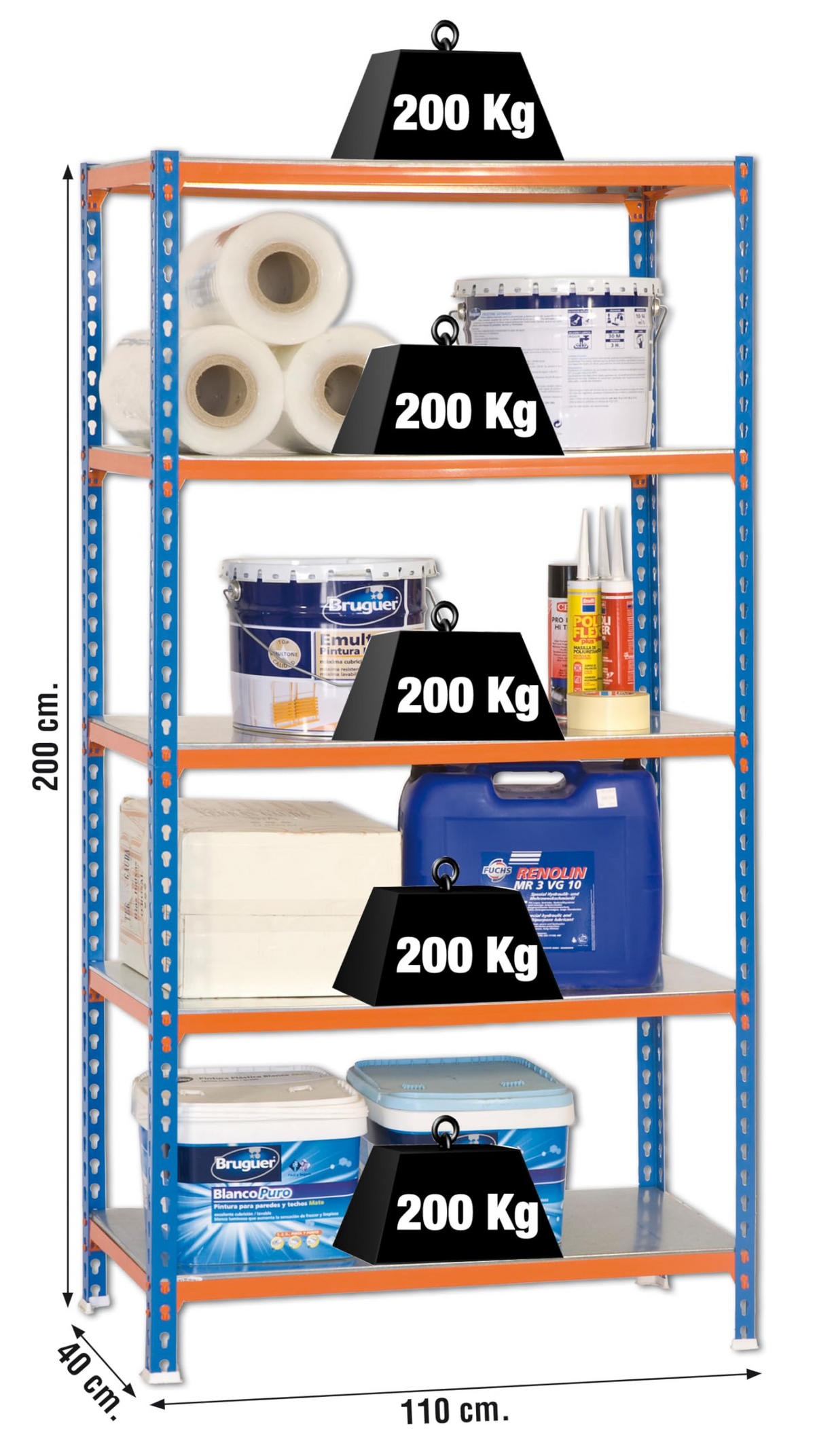 SCHWERLASTREGAL Big Metal Shark HxBxT 200 x 110 x 40 cm Fachlast 200 kg Blau-Orange - Gelb, Metall (110/200/40cm) - PROREGAL