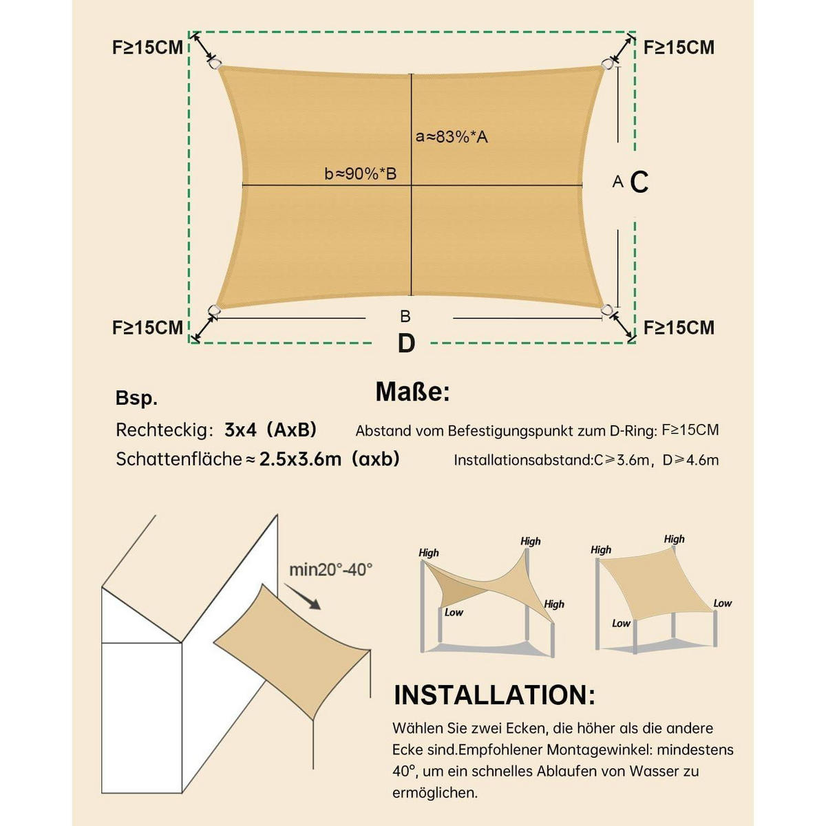 SONNENSEGEL 4 x 5 m Sandbeige Wasserdicht PES Polyester - Sandfarben, Textil (20/35cm)