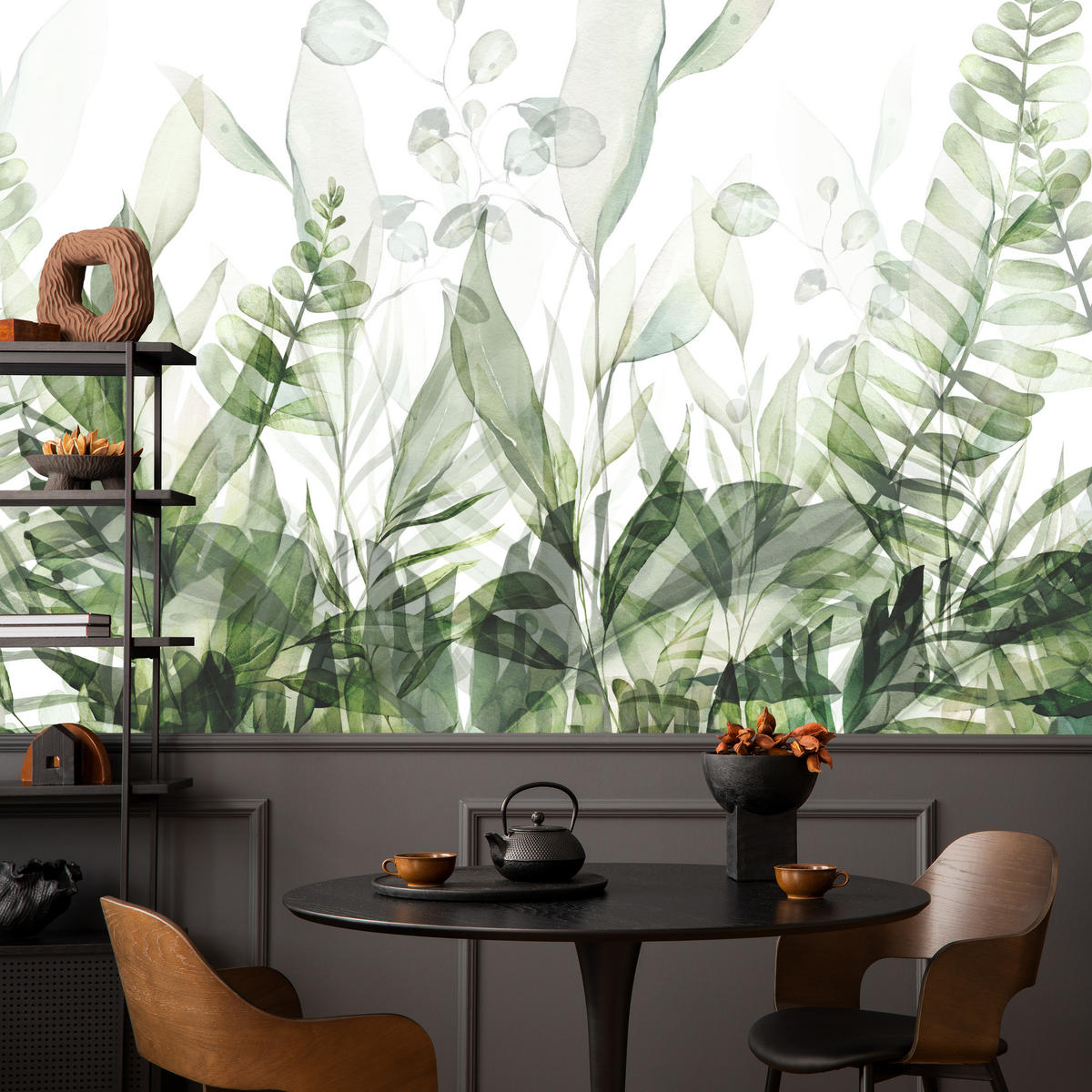 FOTOTAPETE für Schlafzimmer Aquarell Tropische Grüne Blätter Exotisch Blätter 250x175 - Weiß/Grün, Papier (250/175cm) - Muralo