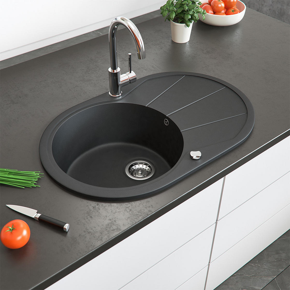 SPÜLBECKEN Schwarz 78 x 50 cm Rund mit Trockenplatz - Schwarz, Keramik (78/20/50cm) - Bergstroem
