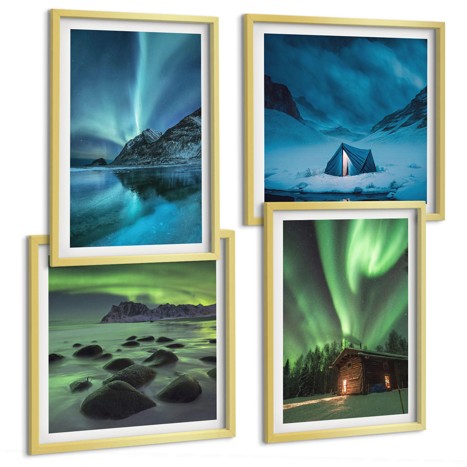 BILDER SET 4er Set - 50x50 cm & 40x60 cm Goldrahmen - Winterlandschaften, Nordlichter, Berge - Goldfarben, Kunststoff (50/50cm) - TULUP