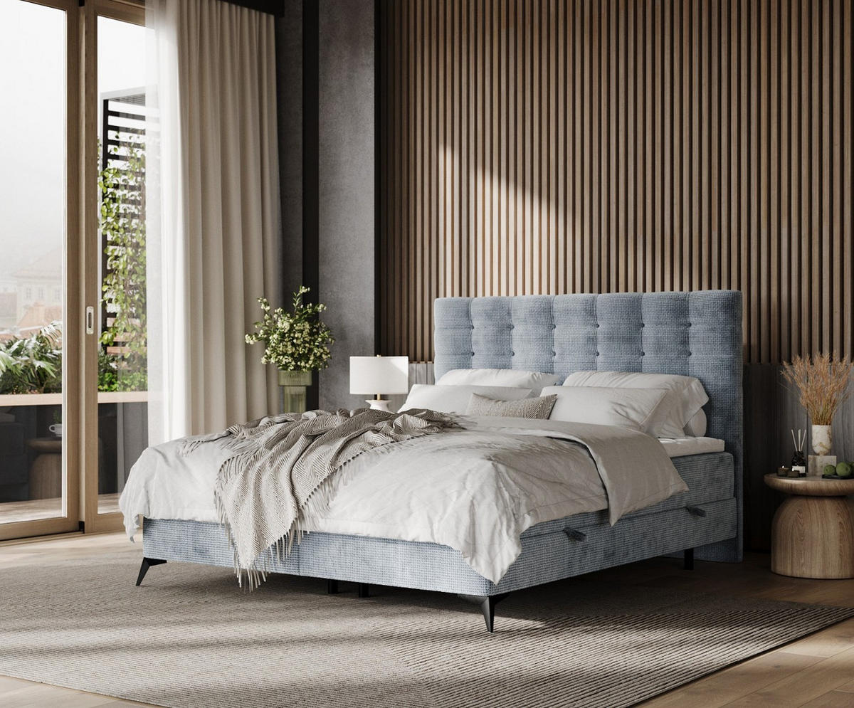 BOXBETT Niro 200/200 cm Hellblau im Bonita Stoff - Schwarz/Hellblau, Holz/Holzwerkstoff (200/200cm) - AltaBeds