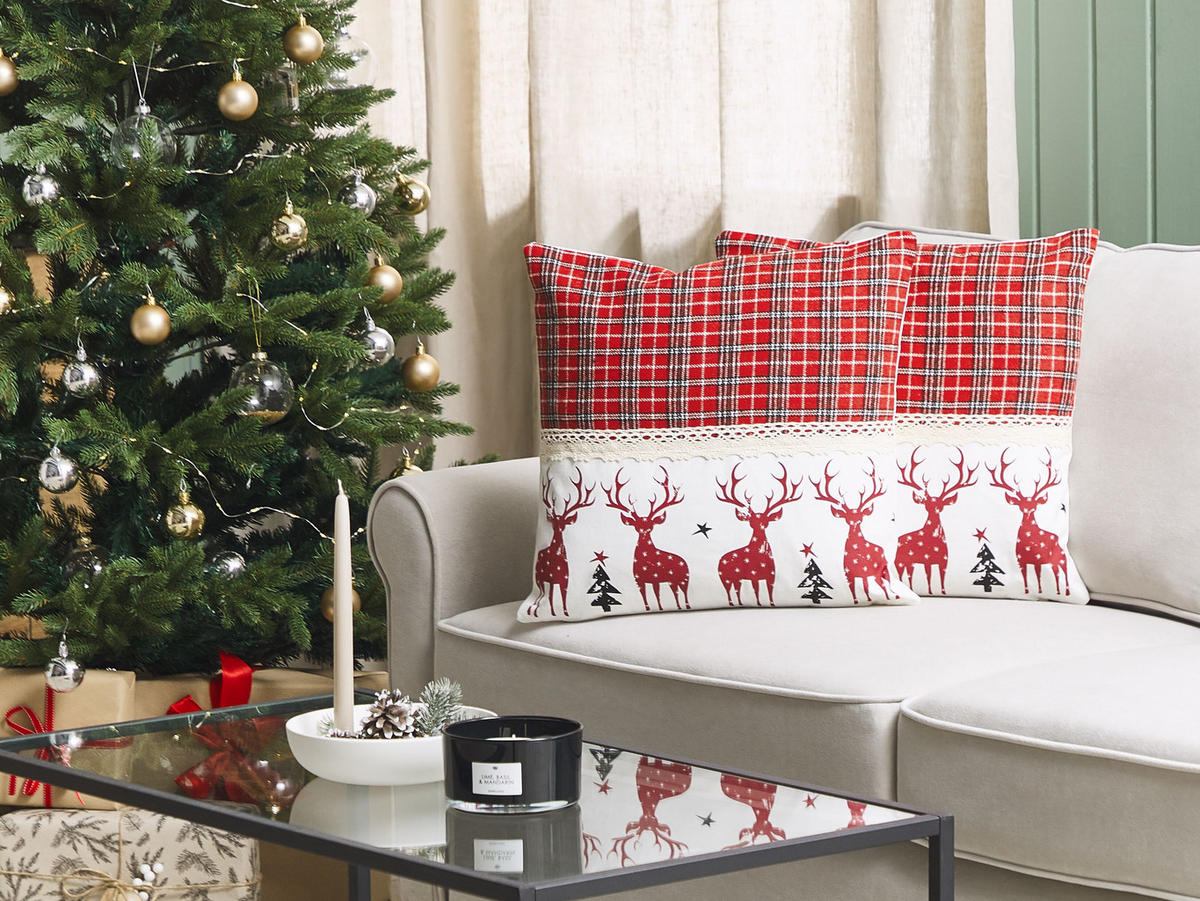 DEKOKISSEN 2er-Set Rot 45/45 cm Robbie - Rot, Naturmaterialen/Textil (45/45cm) - Beliani