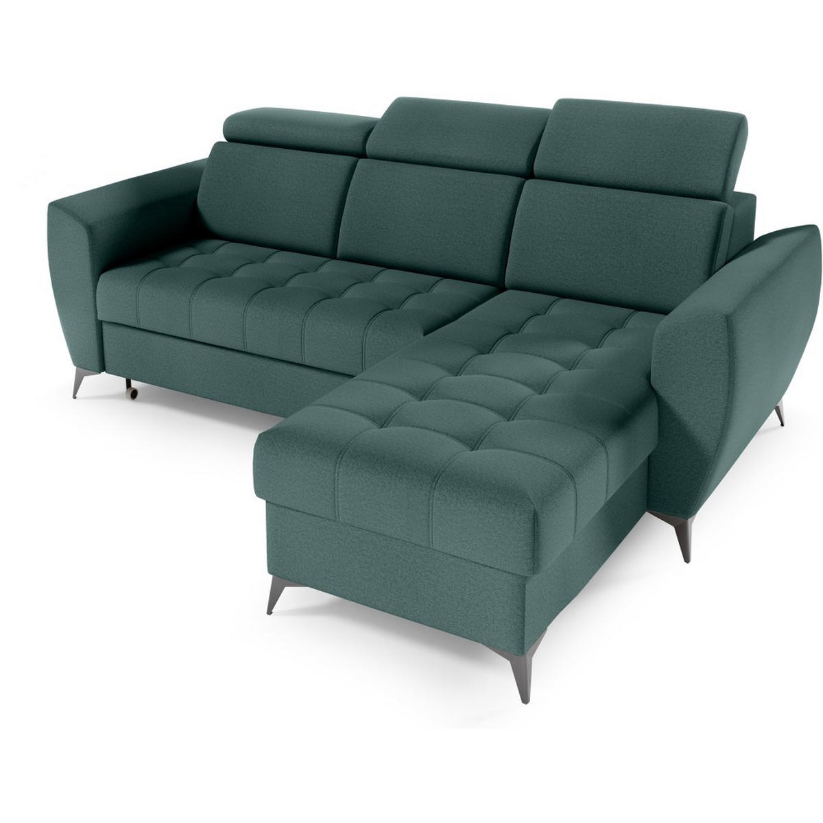 ECKSCHLAFSOFA Aurora I verstellbare Kopfstützen, Dunkelgrün - Dunkelgrün/Schwarz, Textil (235/176cm) - Beautysofa