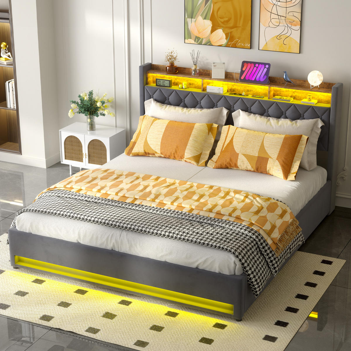 POLSTERBETT 180x200cm mit LED-Beleuchtung und mit Matratze,graues Bett - Grau, Holzwerkstoff/Textil (180/200cm) - EVRYAE