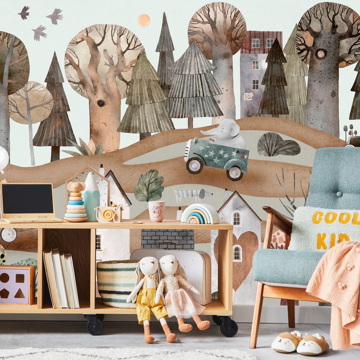 FOTOTAPETE für Kinderzimmer Fantastische Stadt Häuser Wald Tiere Autos 250x175 - Beige/Braun, Papier (250/175cm) - Muralo