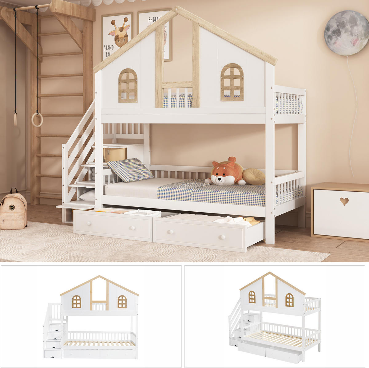 HAUSBETT 90/200 cm Weiß/Natur mit Stauraumtreppe und 2 Schubladen - Weiß, Holzwerkstoff (90/200cm) - Flora Grace