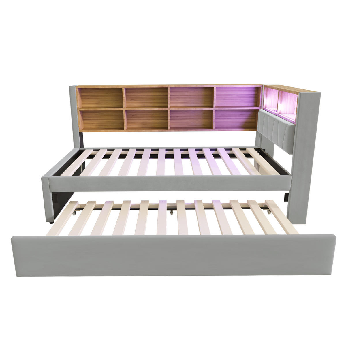 AUSZIEHBETT 90/200 cm LED-Beleuchtung und multifunktionalen Ladeanschlüssen Flanell Hellgrau - Hellgrau, Textil (90/200cm) - OKWISH