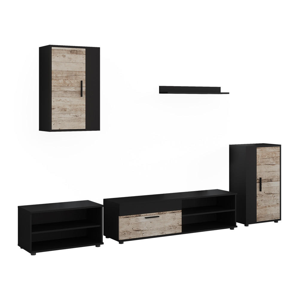UNITATE DE PERETE Berno, Negru/stejar de nisip, Set de 5 piese - stejar Sonoma/negru, compozit lemnos (140/38.7/35.2cm) - Vicco