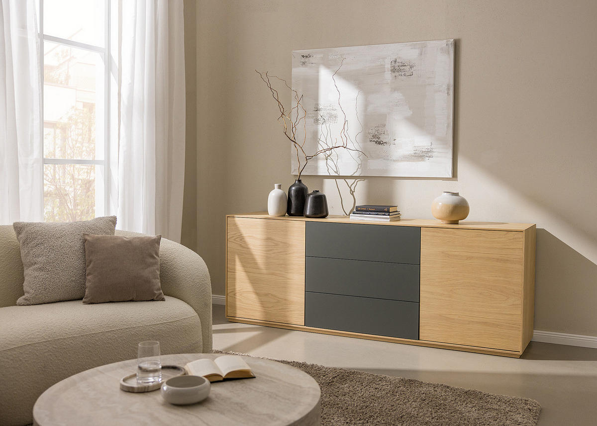 SIDEBOARD - Eiche / Dunkelgrau - Eichefarben/Dunkelgrau, Holzwerkstoff (200/75/45cm) - home24