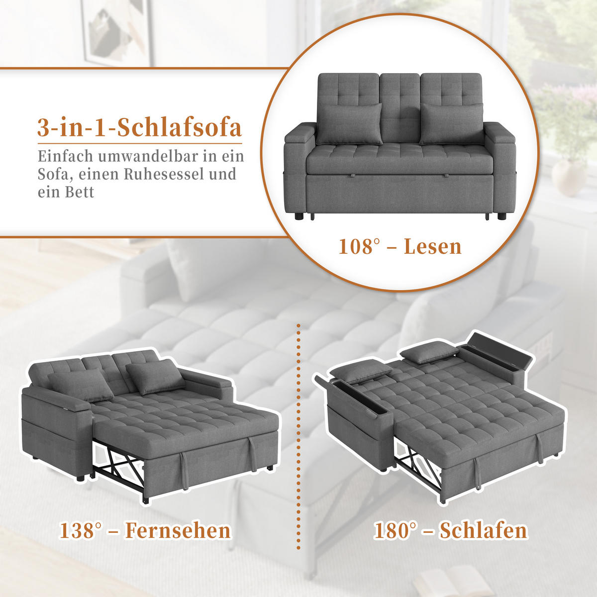 2-SITZER SCHLAFSOFA Leinen Grau mit Stauraum und Kissen - Grau, Holzwerkstoff/Kunststoff (159/92/142.5cm) - WISHDOR