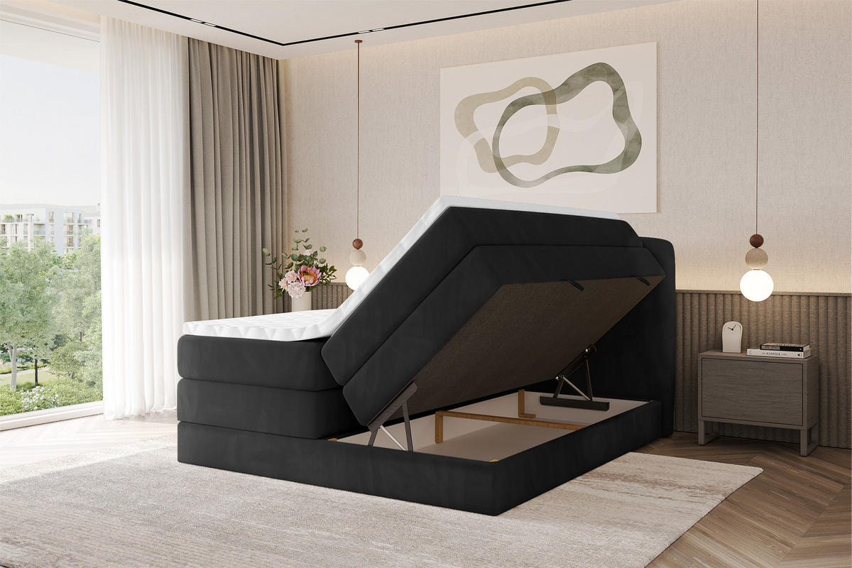 BOXBETT mit Matratze H3|H4 - NINA KING - 160x200 cm - Schwarz - Schwarz Hochglanz, Holzwerkstoff (160/200cm) - ALTDECOR