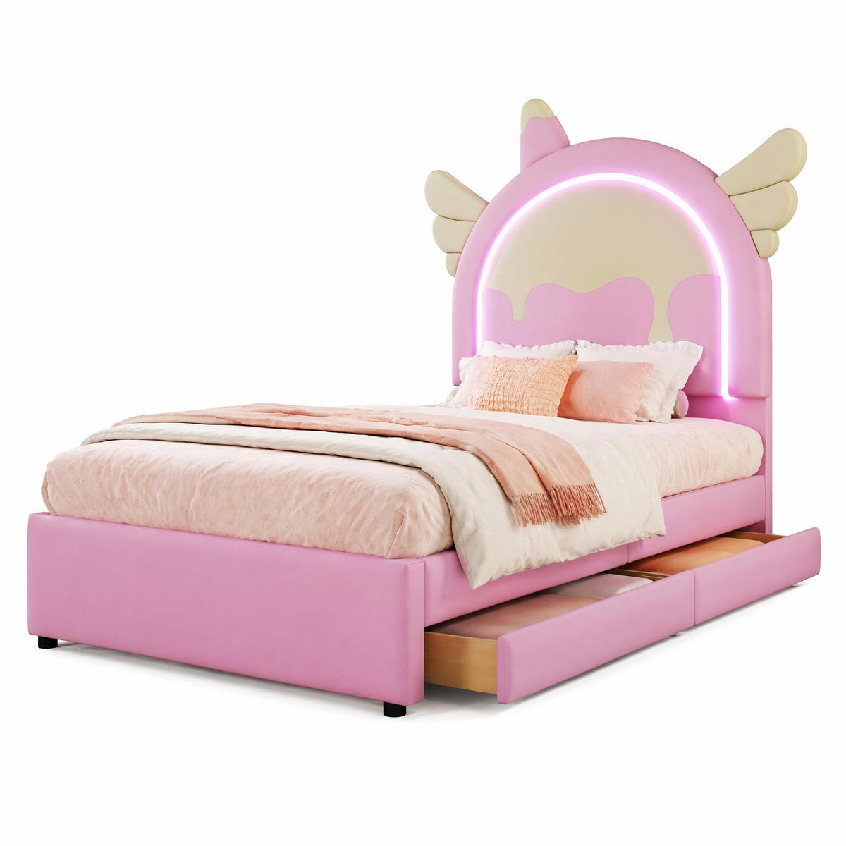POLSTERBETT 90/200 cm in Rosa mit LED, 2 Schubladen und Einhornform - Rosa, Holzwerkstoff/Textil (90/200cm) - CHICFURN