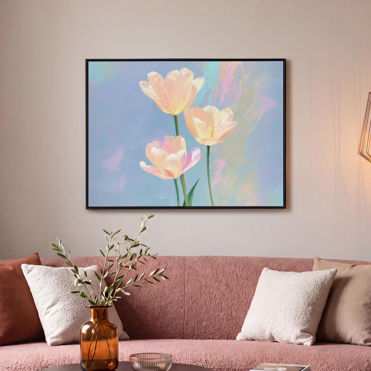 LEINWAND Bilder mit Rahmen - Tulpen - Rosa Akzente - Blau - 80x60 - Pastellblau, Textil (80/60cm) - MuchoWow