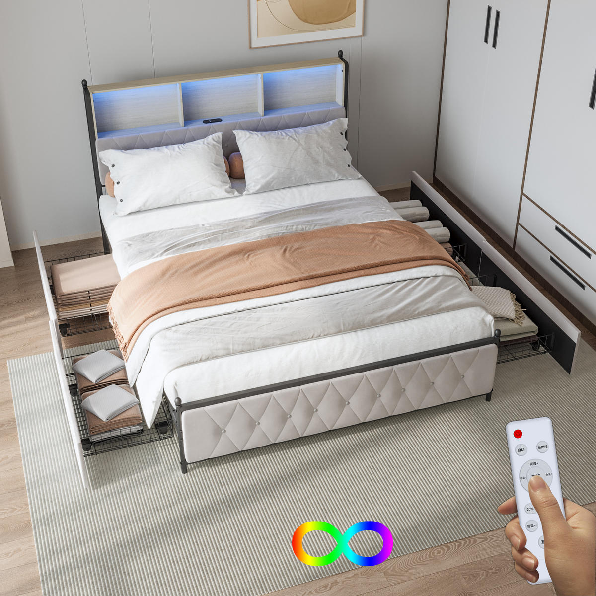 BETT 140x200cm beige samt led usb typ-c unterbettstauraum - Schwarz, Metall - SHOPENTRA