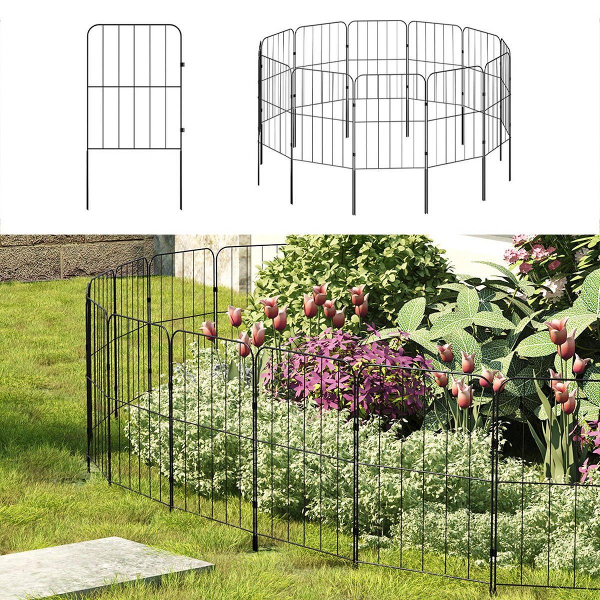 GARTENZAUN 25 Stück aus Metall in Schwarz Abnehmbares Design Robuste Metallkonstruktion je Paneel: 31 cm B × 61 cm H - Schwarz, Metall (31cm) - Livingandhome