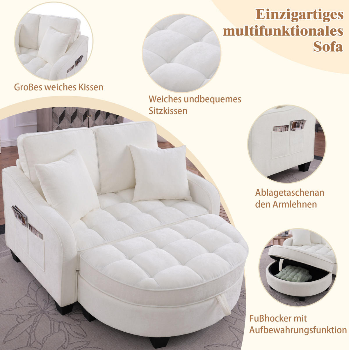 SCHLAFSOFA 132/129/93 cm aus Eukalyptusholz mit Aufbewahrungshocker Beige - Beige, Holz (129/93/132cm) - Modenvie