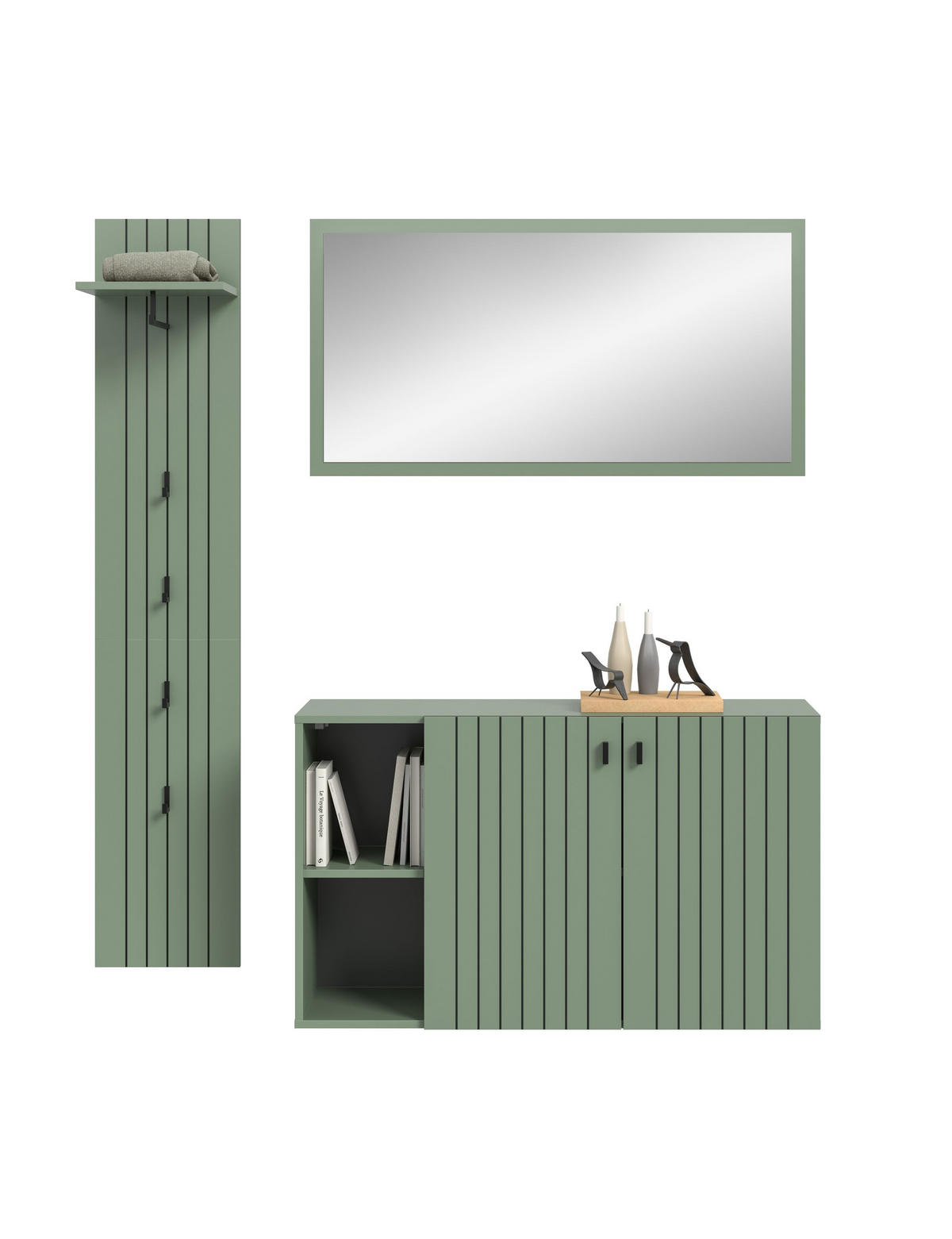 GARDEROBEN-SET STATION 3-tlg. (B/H/T: ca. 152/192/37 cm) in Smoke Green/Smoke Green - Grün, Holzwerkstoff (152/192/37cm)