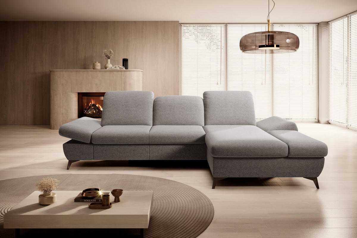 ECKSOFA FELICE R-S Hellgrau Geflochtener Stoff mit Schlaffunktion - Hellgrau, Holz (284/166cm) - MASSENO