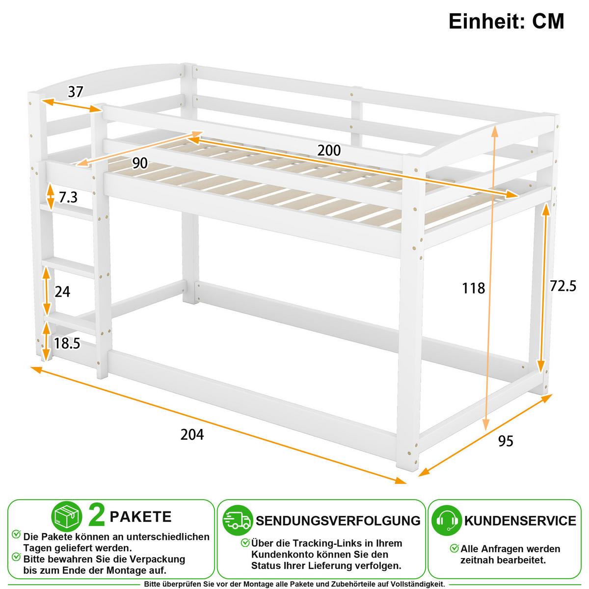 ETAGENBETT 90/200 cm in Weiß mit Niedrigem Design und Geländer - Weiß, Holz/Holzwerkstoff (90/200cm) - CHICFURN