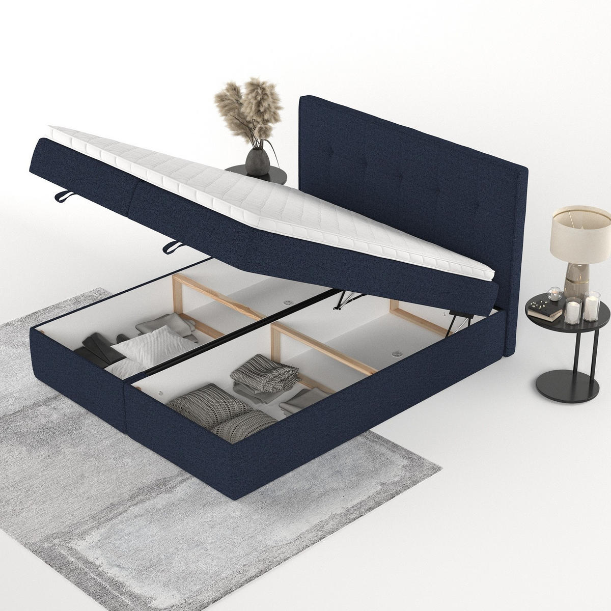 BOXBETT Tivra 180/200 cm Marineblau im Riva Stoff - Schwarz/Dunkelblau, Holz/Holzwerkstoff (180/200cm) - AltaBeds