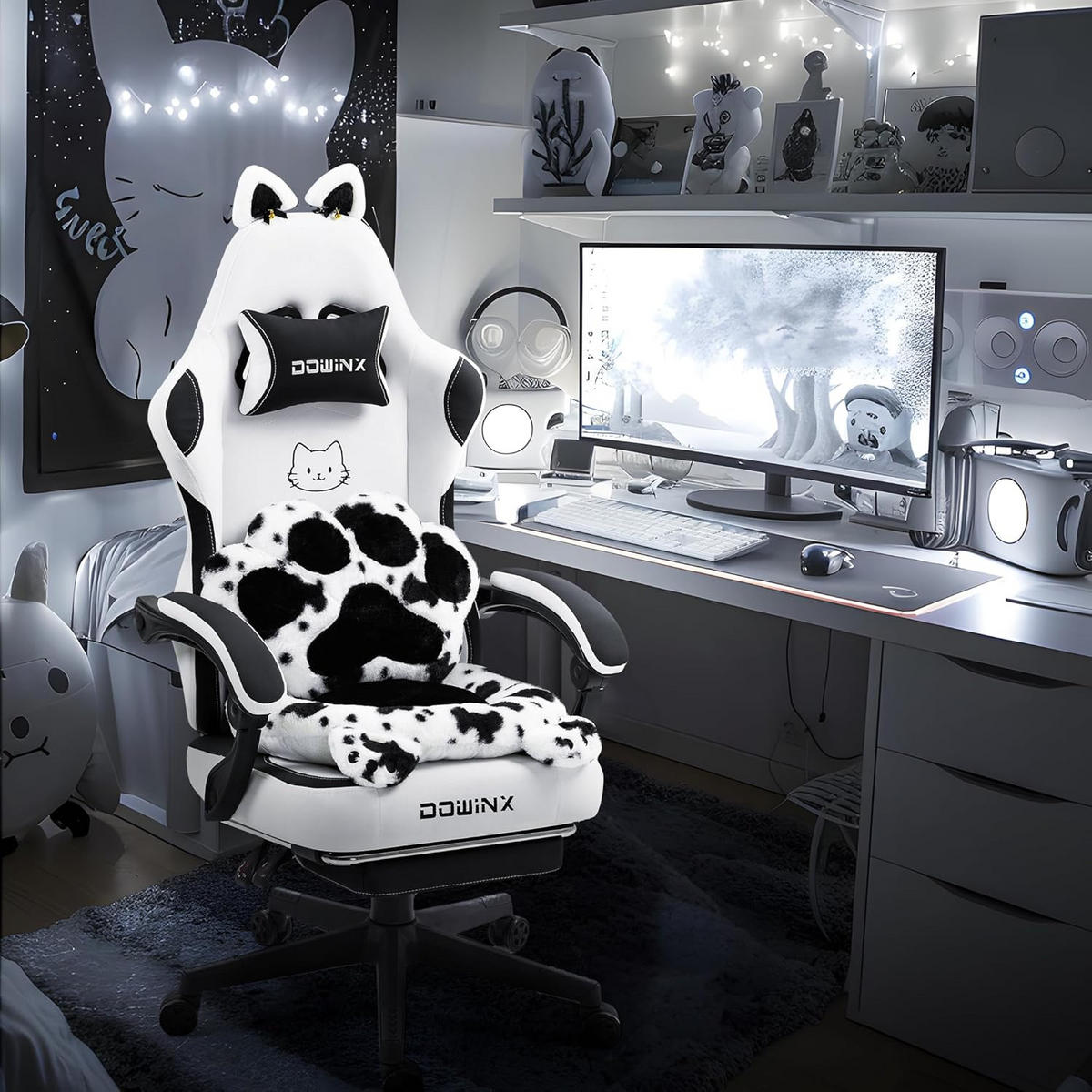 GAMING-STUHL Ergonomischer & Fußstütze Bürostuhl & Lendenwirbelstütze - Weiß, Leder (52/126/49cm)