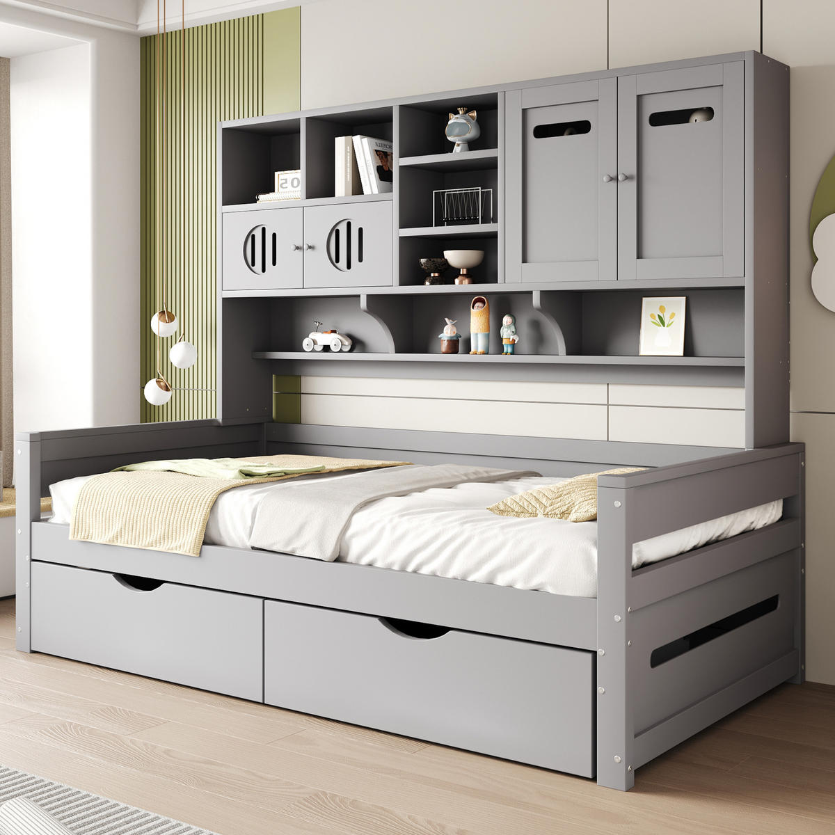 SCHLAFSOFA 90/200 cm in Grau mit 2 Schubladen, Regal und Stauraum - Grau, Holz/Holzwerkstoff (90/200cm) - CHICFURN