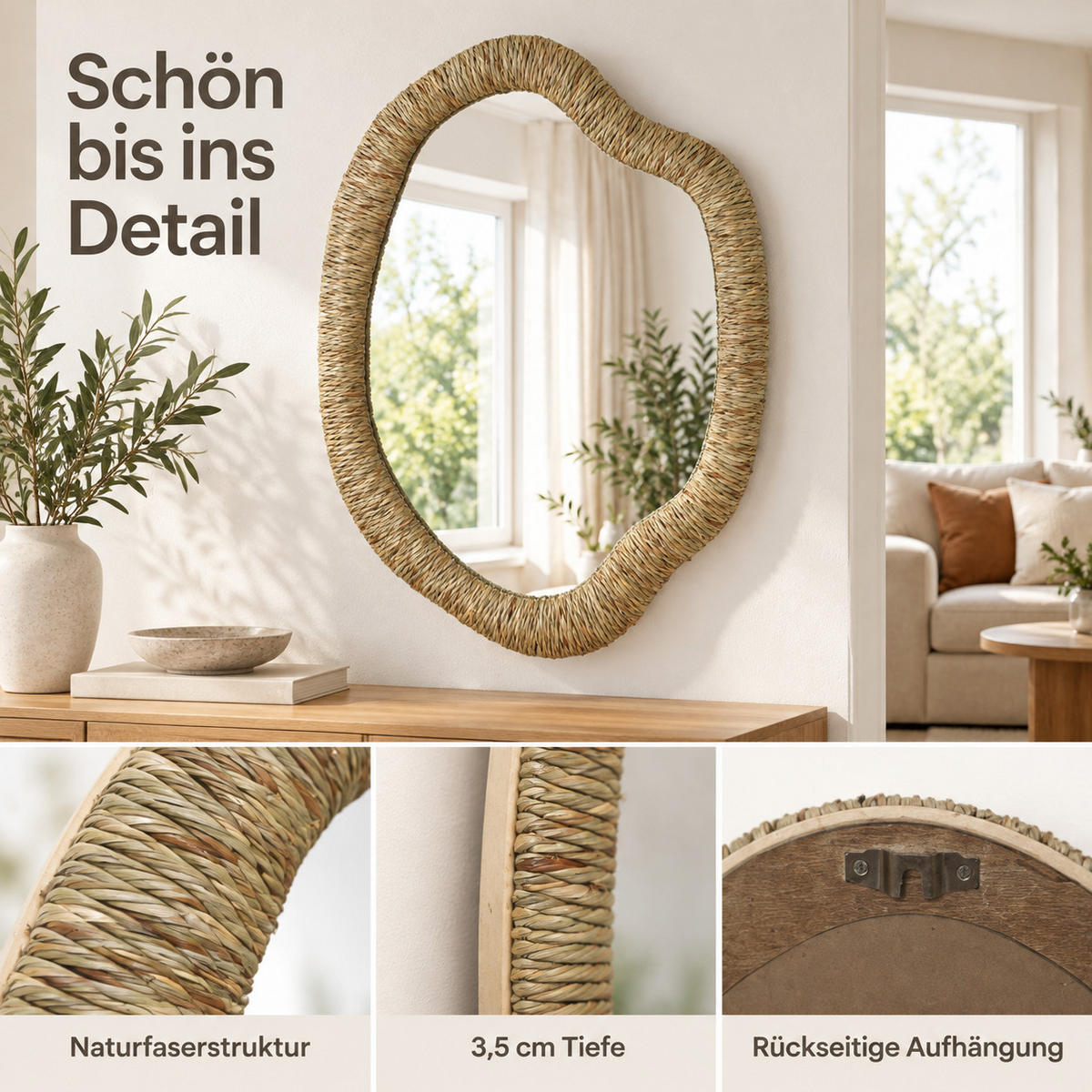SEEGRAS-WANDSPIEGEL 75×50 cm, organische Form für Wohnzimmer,Flur - Dunkelgelb, Naturmaterialien (3.5/75/50cm) - Hometopia