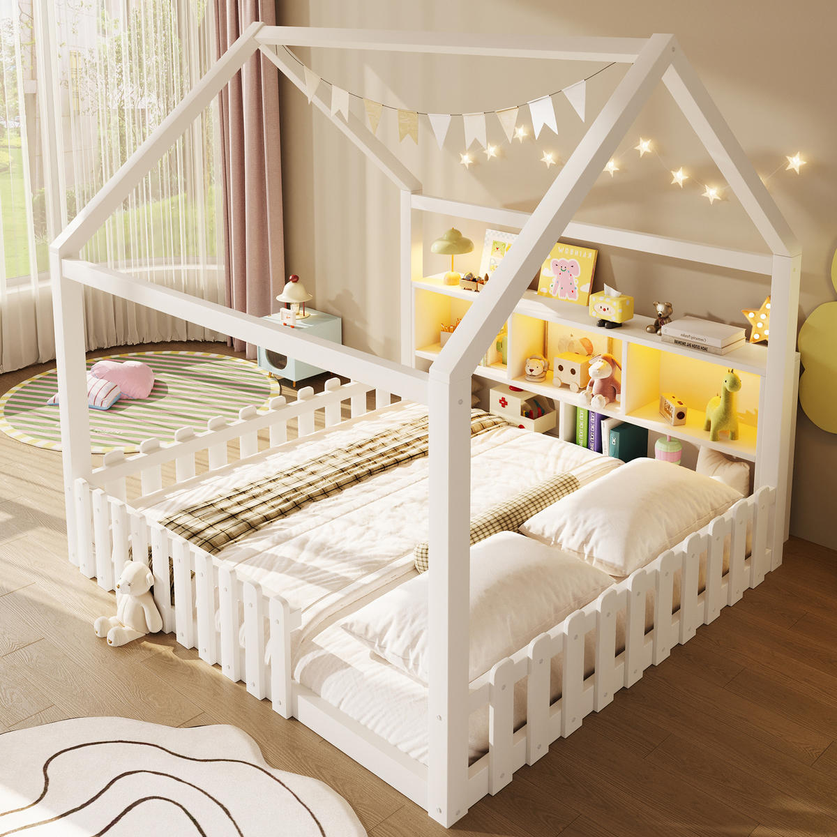 KINDERBETT 140/190 cm Weiß, mit Gitter, LED-Licht, offenen Staufächern und Hausdesign - Weiß, Holz