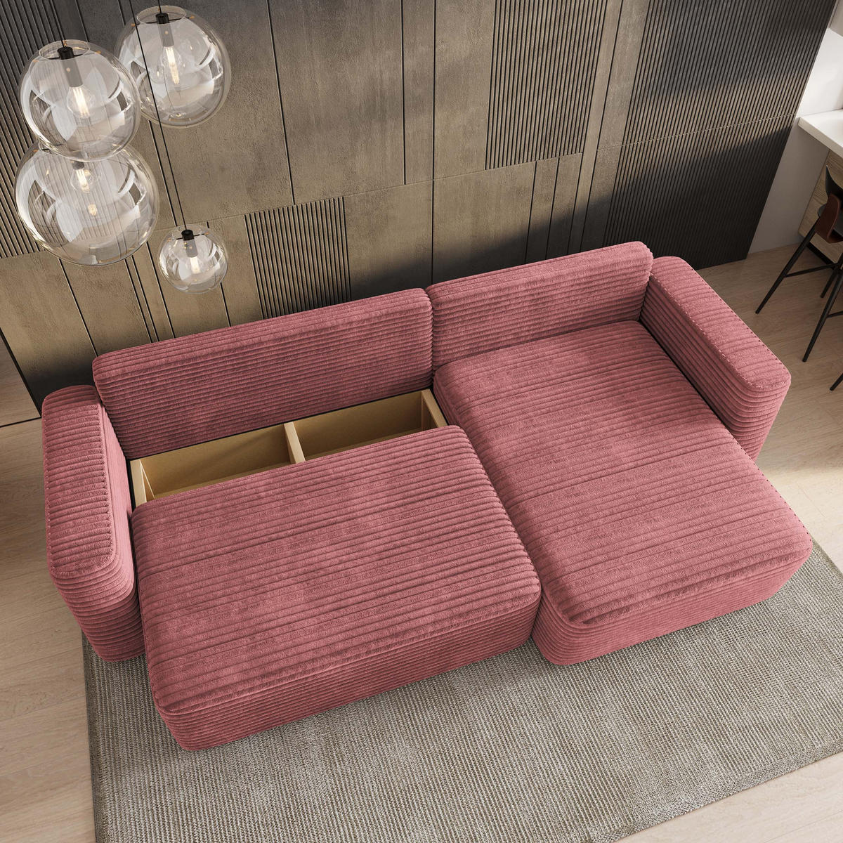 ECKSOFA TELIN Rosa Kordstoff mit Schlaffunktion - Rosa, Holz (280/162cm) - MASSENO
