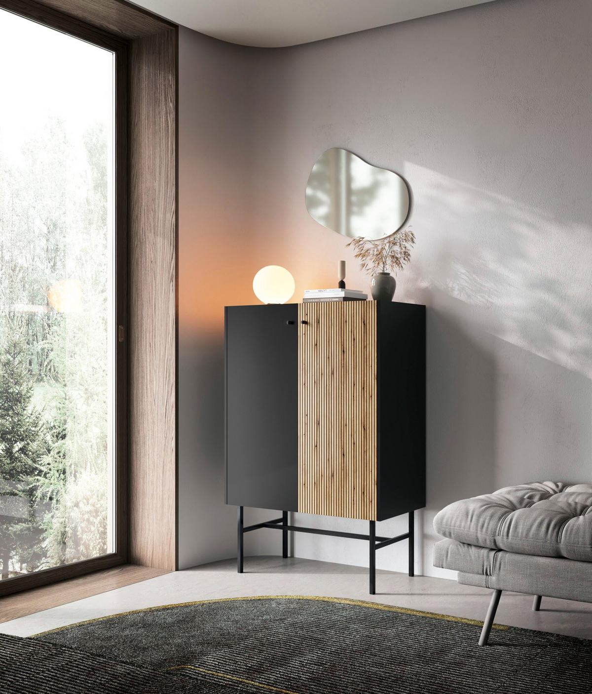 HIGHBOARD Divenos Schwarz / Holzoptik Eiche 93 cm - Eichefarben/Schwarz, Holzwerkstoff/Metall (93.2/131.7/39cm) - Selsey