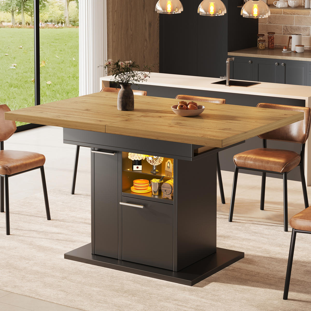 ESSTISCH Ausziehbar Stauraum LED Glasablagen Modern 4 6 Personen - Schwarz, Holzwerkstoff (80/140/77.2cm) - FLIEKS