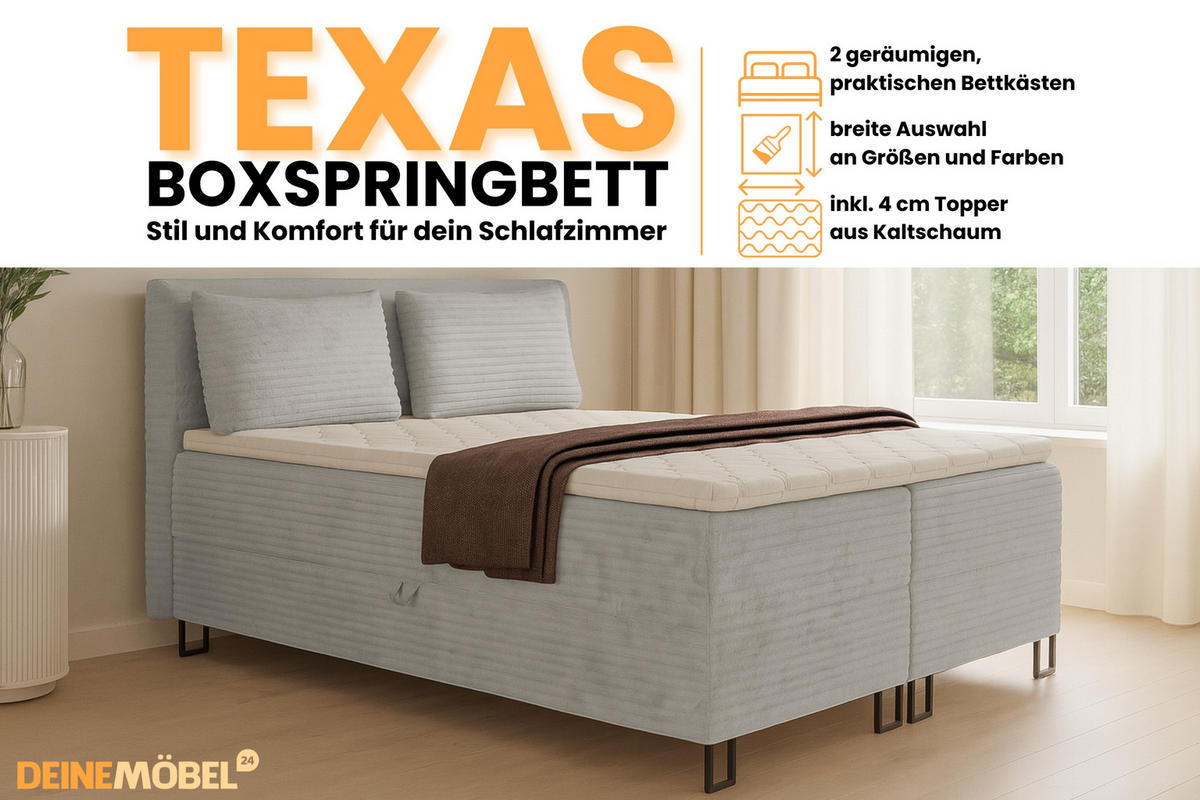 BOXBETT TEXAS 140/200 in Cord Hellgrau mit Bonell-Federkernmatratzen H3 - Hellgrau, Holz/Holzwerkstoff (140/200cm) - Deine Möbel 24