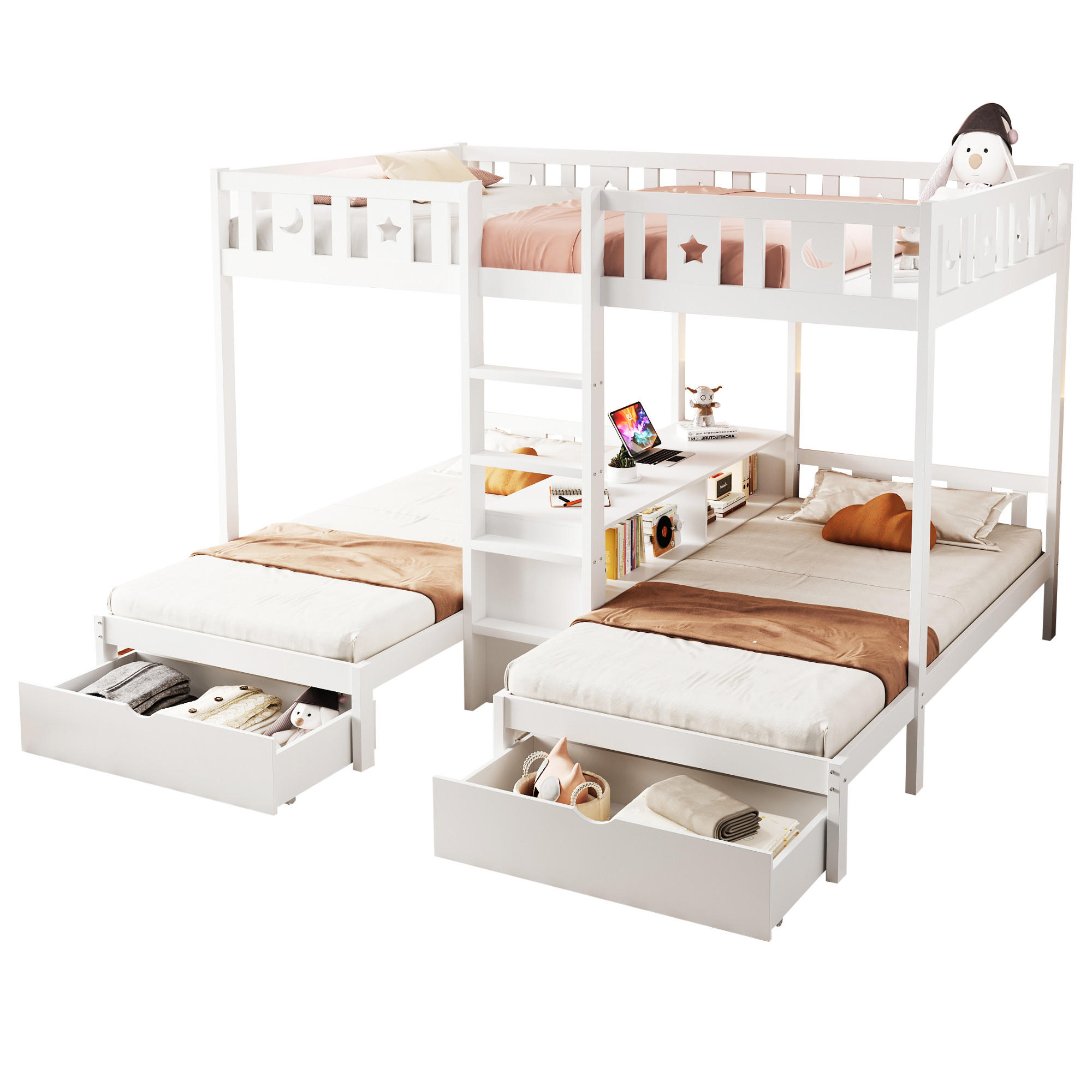 ETAGENBETT 90/200 cm & 140/200 cm mit Leiter, Stauraum und 2 Schubladen, Stern- und Monddesign, Weiß - Weiß, Holzwerkstoff (90/200cm) - Redom