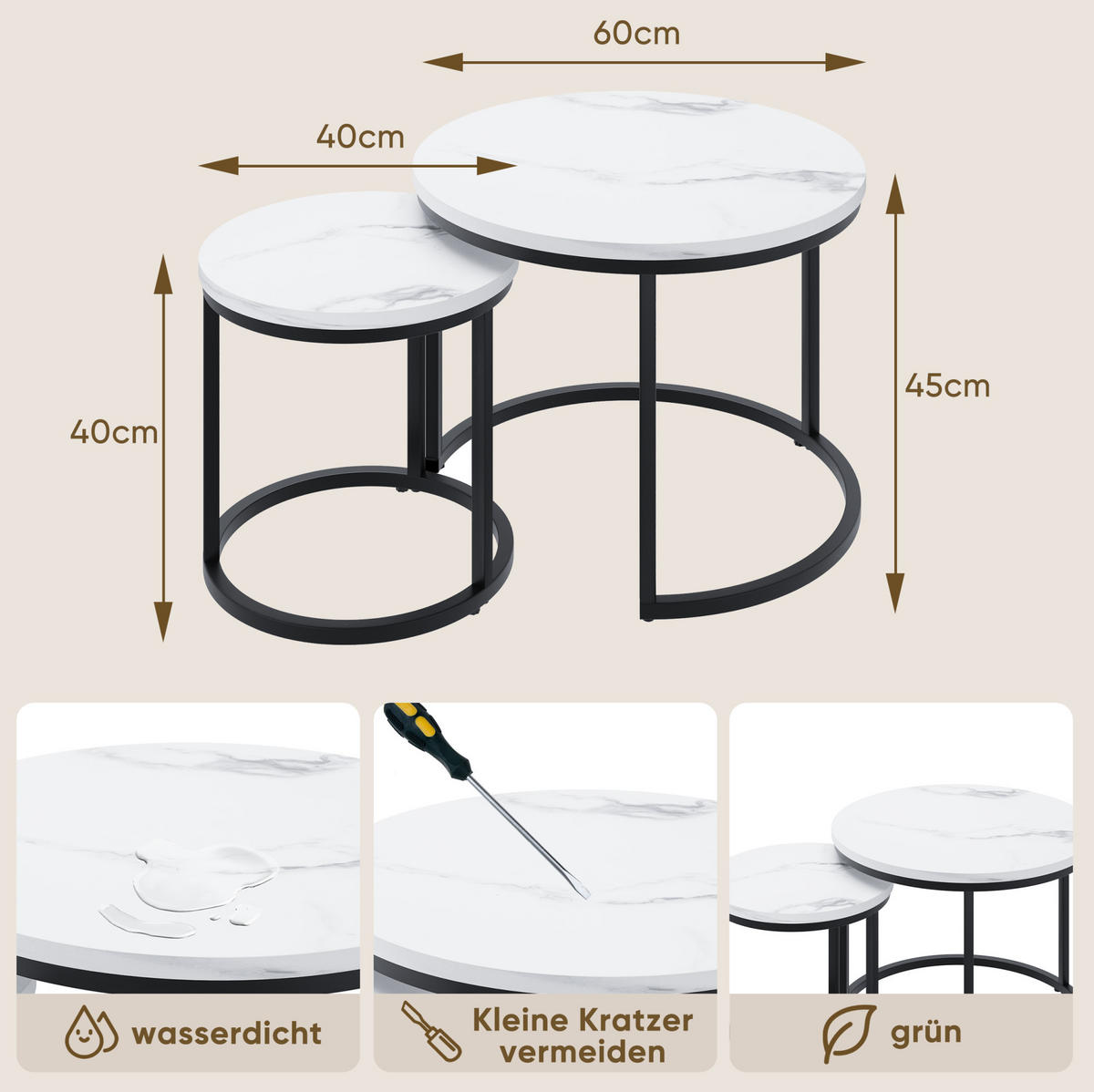 COUCHTISCH-SET 60/60/45 cm & 40/40/40 cm in Weiß mit Metallgestell, 2-teilig - Weiß, Holzwerkstoff (60/60/45cm) - Flora Grace